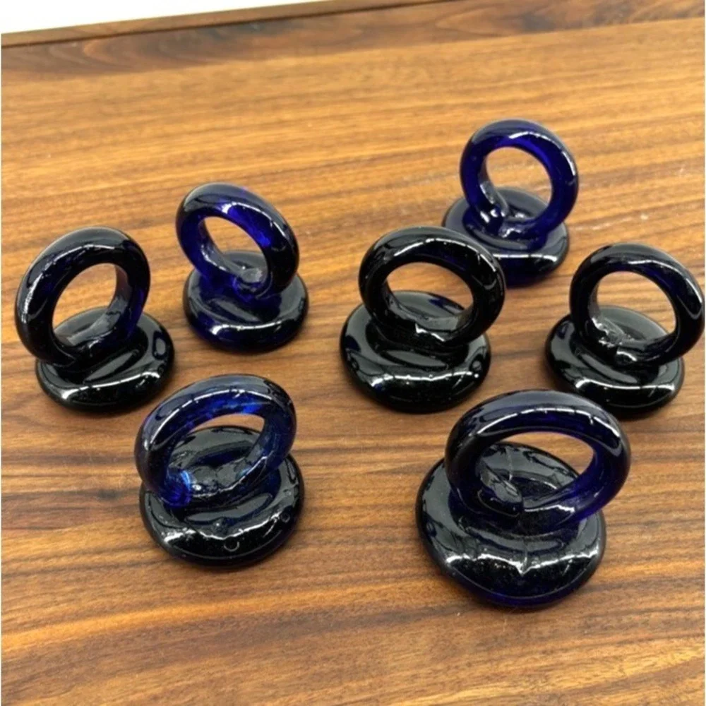Hand Blown Cobalt Blue Art Glass Napkin Rings Set of 7 Modern Sculptural Artisan